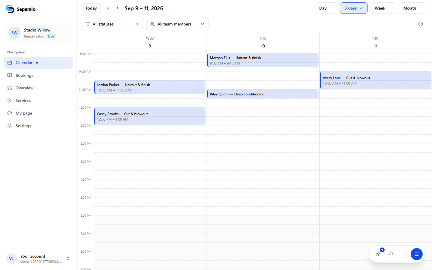 Business appointments are organized by day, with the service and customer in view.