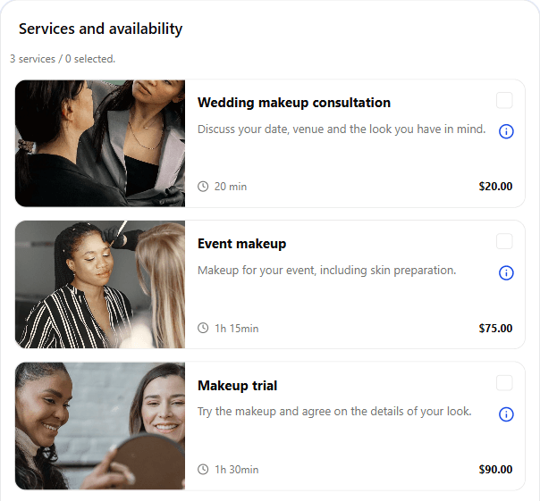 Wedding makeup consultation — 20 min. Event makeup — 75 min. Makeup trial — 90 min
