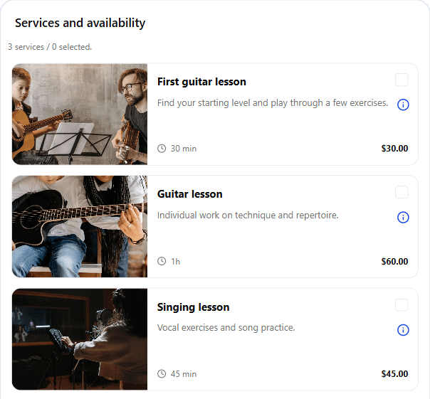 First guitar lesson — 30 min. Guitar lesson — 60 min. Singing lesson — 45 min