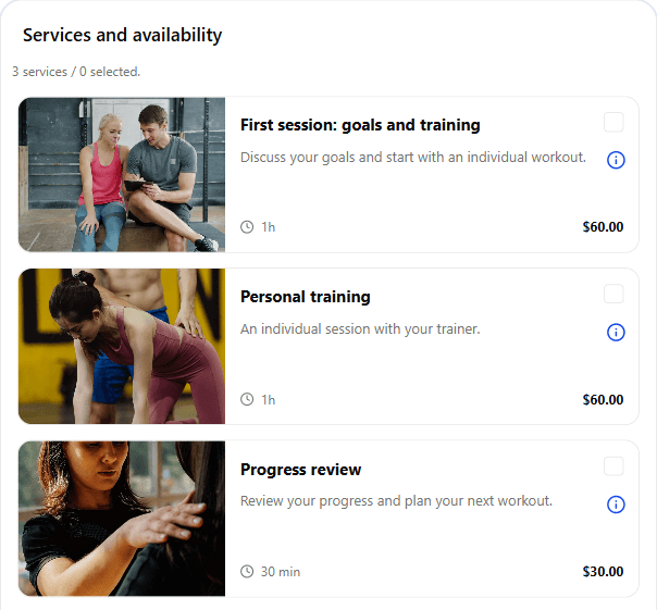 First session: goals and training — 60 min. Personal training — 60 min. Progress review — 30 min