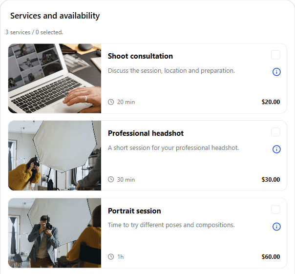 Shoot consultation — 20 min. Professional headshot — 30 min. Portrait session — 60 min