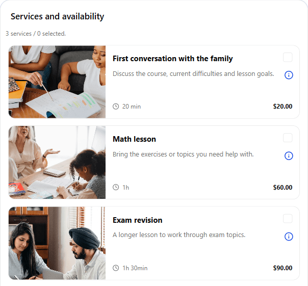 First conversation with the family — 20 min. Math lesson — 60 min. Exam preparation — 90 min