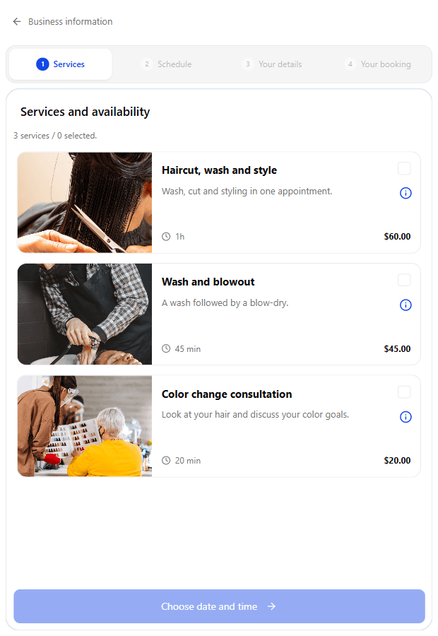 Customers see your services, duration, and price before choosing.