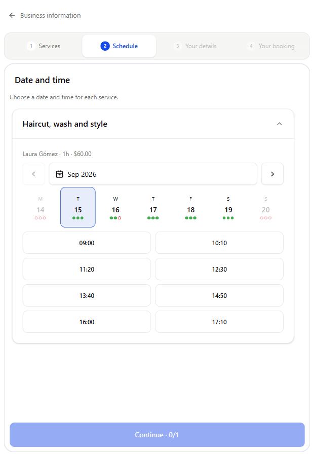 Available dates and times appear in the same booking flow.