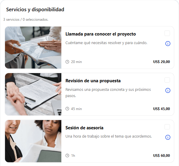Llamada para conocer el proyecto — 20 min. Revisión de una propuesta — 45 min. Sesión de asesoría — 60 min