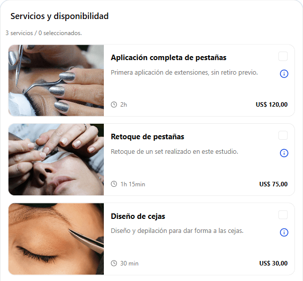 Aplicación completa de pestañas — 120 min. Retoque de pestañas — 75 min. Diseño de cejas — 30 min