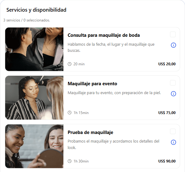 Consulta para maquillaje de boda — 20 min. Maquillaje para evento — 75 min. Prueba de maquillaje — 90 min