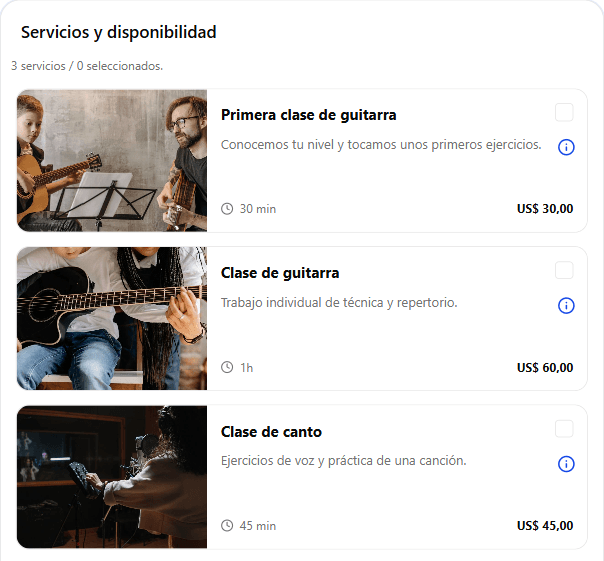 Primera clase de guitarra — 30 min. Clase de guitarra — 60 min. Clase de canto — 45 min