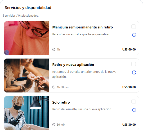Manicura semipermanente sin retiro — 60 min. Retiro y nueva aplicación — 90 min. Solo retiro — 30 min