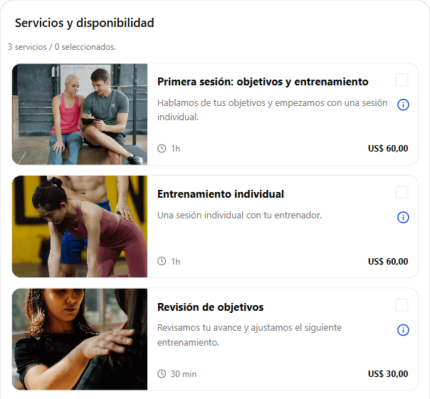 Primera sesión: objetivos y entrenamiento — 60 min. Entrenamiento individual — 60 min. Revisión de objetivos — 30 min