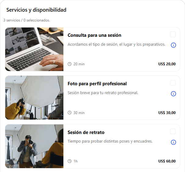 Consulta para una sesión — 20 min. Foto para perfil profesional — 30 min. Sesión de retrato — 60 min