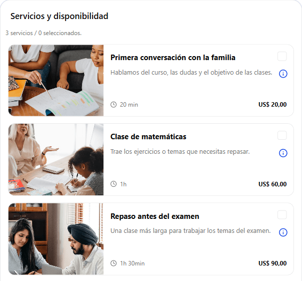 Primera conversación con la familia — 20 min. Clase de matemáticas — 60 min. Repaso antes del examen — 90 min